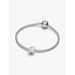 Silver bracelet with a pink L-O-V-E charm on a white background
