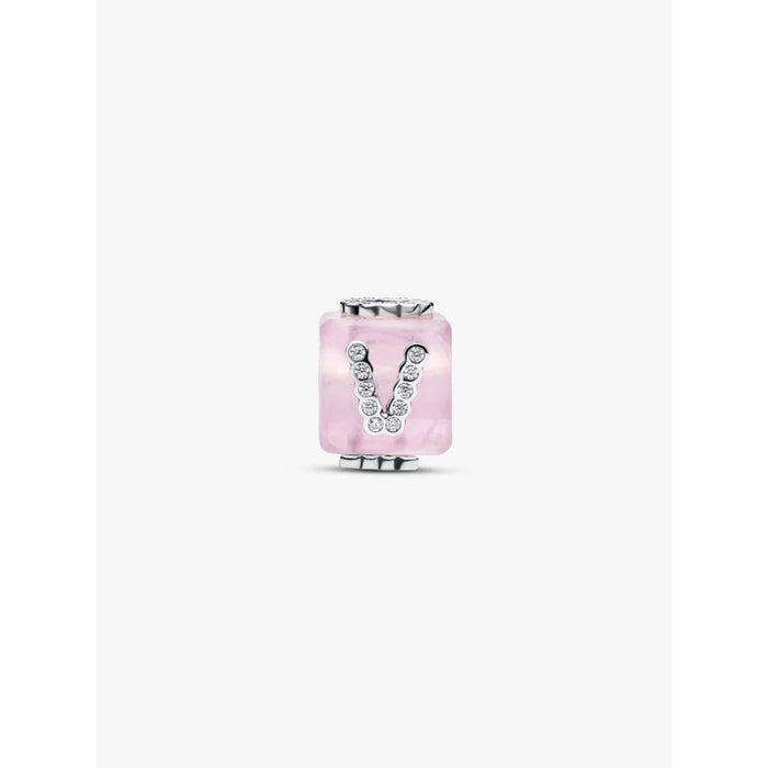 Pink charm with letter 'V' on a white background