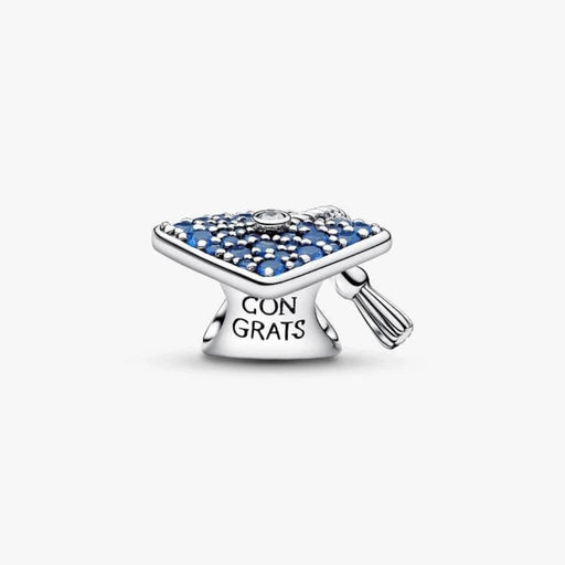 Silver graduation cap charm on a light background