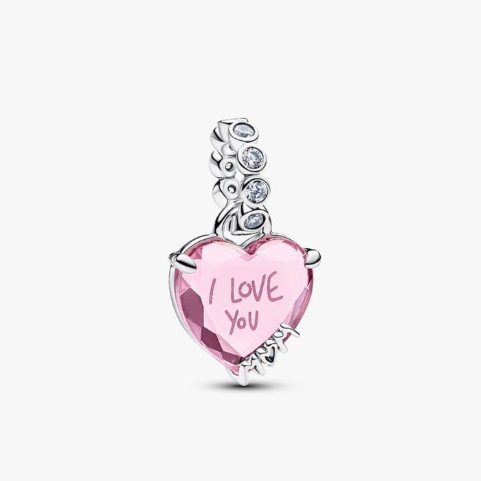 Pink heart charm featuring the phrase "I love you" elegantly inscribed on its surface.