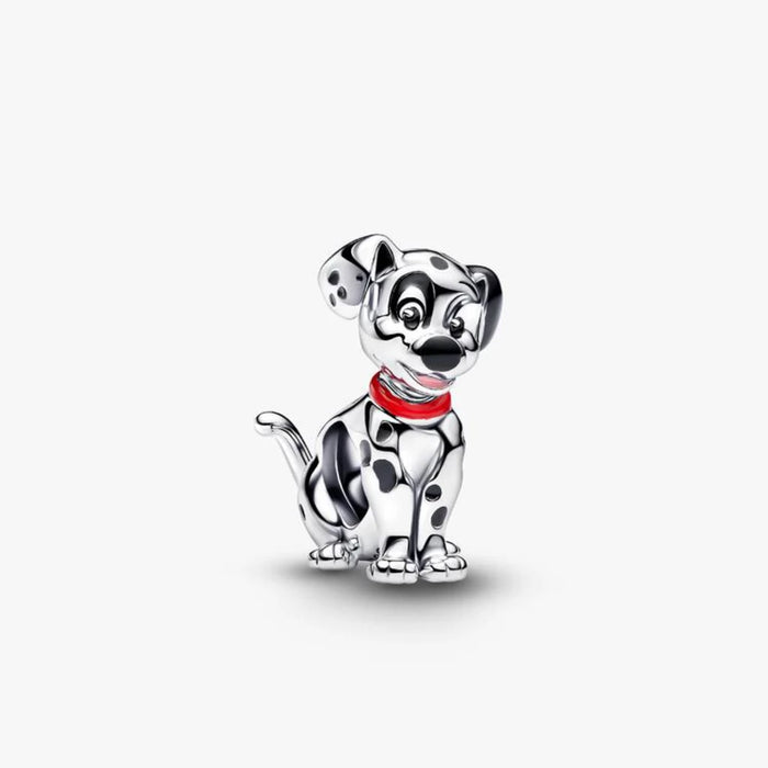 A black and white dog charm featuring a simple, elegant design.