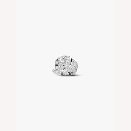 Silver elephant charm on a light pink background