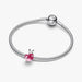 Silver bracelet with a pink heart charm on a white background