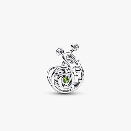  A silver and green enamel charm shaped like a snail, showcasing intricate detailing and vibrant colors.