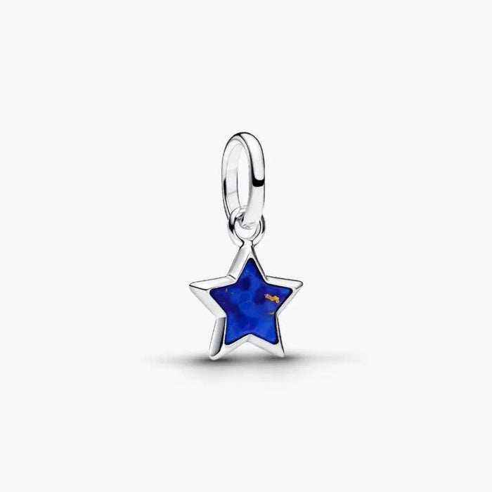 PANDORA Blue Star Mini Dangle Charm in sterling silver with a shimmering textured finish, designed as a delicate celestial star charm for PANDORA Moments bracelets and necklaces.