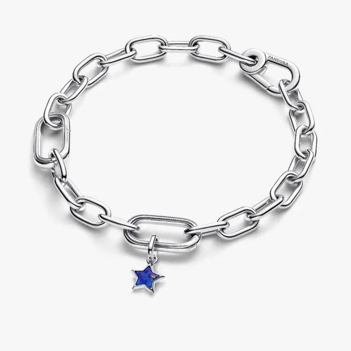 PANDORA Blue Star Mini Dangle Charm in sterling silver with a shimmering textured finish, designed as a delicate celestial star charm for PANDORA Moments bracelets and necklaces.