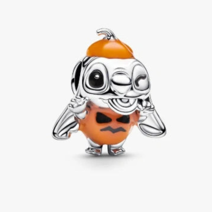 Pandora Disney Halloween Pumpkin Stitch charm featuring Stitch in a festive pumpkin-inspired design, crafted for Pandora Moments bracelets and necklaces.