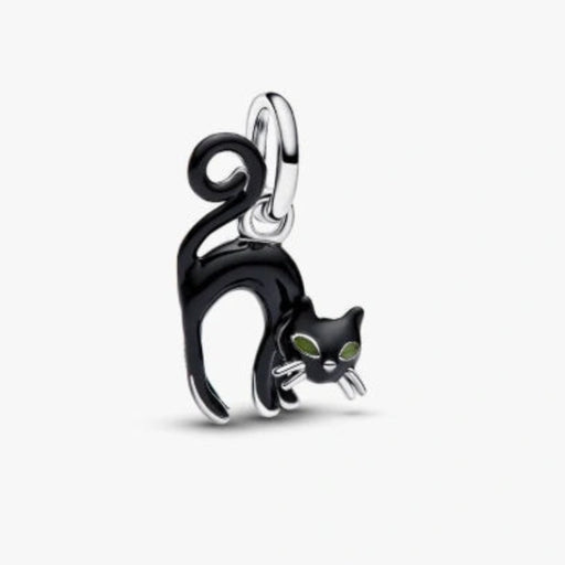Pandora Black Cat dangle charm featuring an intricately detailed black cat with a polished finish, designed for PANDORA Moments bracelets and necklaces.