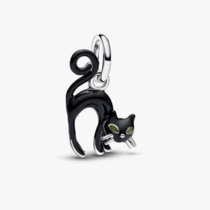 Pandora Black Cat dangle charm featuring an intricately detailed black cat with a polished finish, designed for PANDORA Moments bracelets and necklaces.