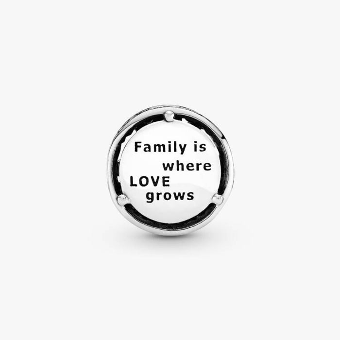 Back of the Pandora Family Tree Charm in sterling silver engraved with “Family is where love grows.”