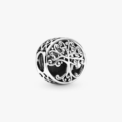 Pandora Family Tree Charm in sterling silver on a white background.