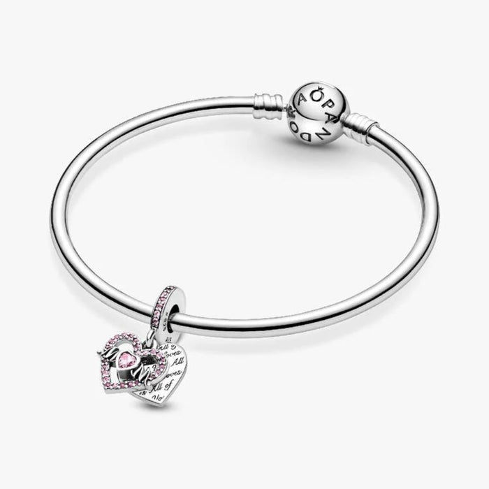 Heart & Mom dangle charm with polished heart design for bracelets or necklaces.