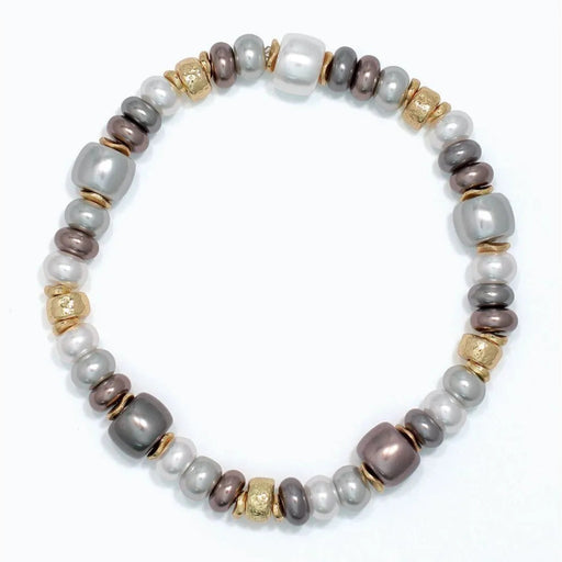 Pearlized stretch bracelet featuring lustrous gray beads with polished gold-tone accent beads on a comfortable stretch band for everyday elegance.
