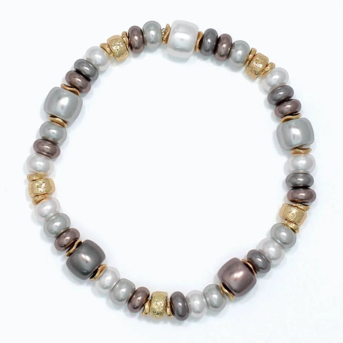 Pearlized stretch bracelet featuring lustrous gray beads with polished gold-tone accent beads on a comfortable stretch band for everyday elegance.