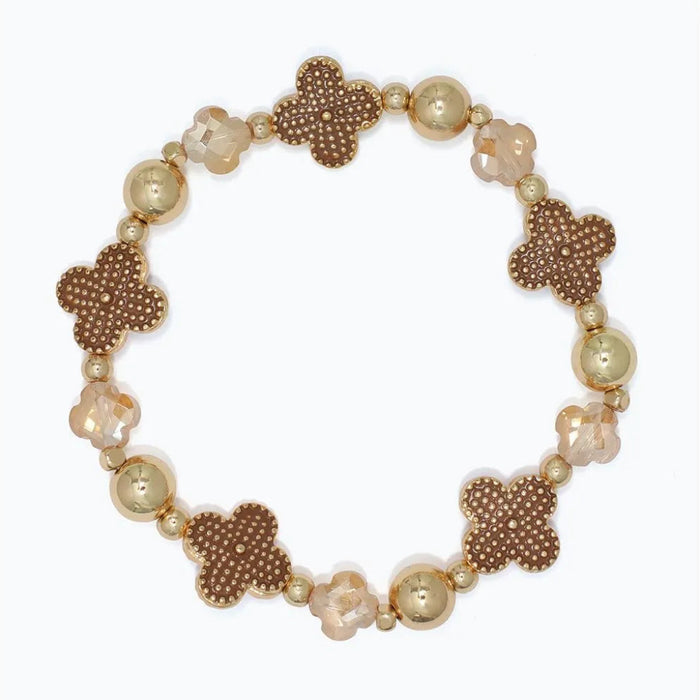 Periwinkle bracelet featuring mocha clover accents and champagne crystal beads with an elegant sparkling finish.