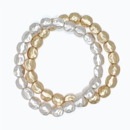 Periwinkle two-strand bracelet featuring hammered matte silver and gold-tone accents.
