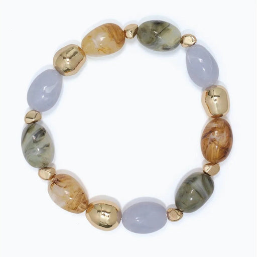 Periwinkle bracelet featuring marbled beads in fall colors with gold-tone accents.