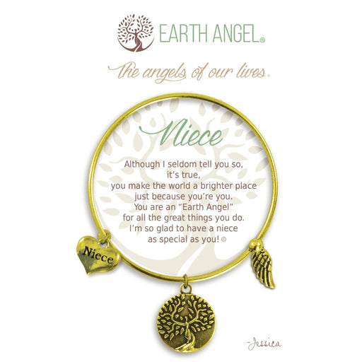 A delicate earth angel bracelet featuring charms symbolizing protection and guidance, set against a soft background.