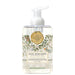 Foaming hand soap bottle with decorative label on a white background