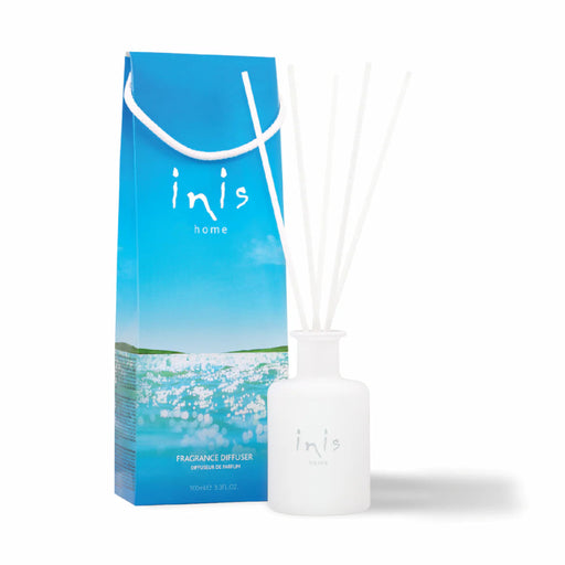 This elegant reed diffuser continuously releases the signature Inis fragrance, creating a clean, uplifting atmosphere without the need for flames or electricity.
