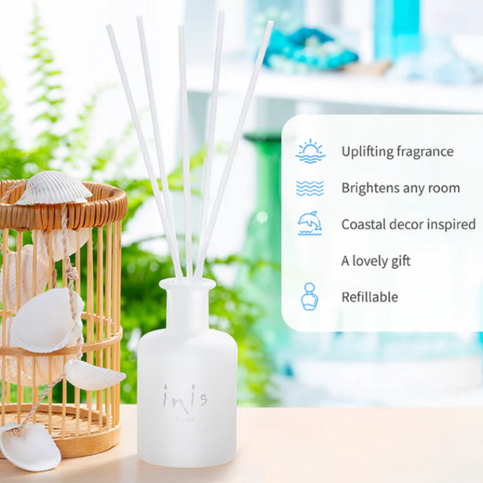 This elegant reed diffuser continuously releases the signature Inis fragrance, creating a clean, uplifting atmosphere without the need for flames or electricity.