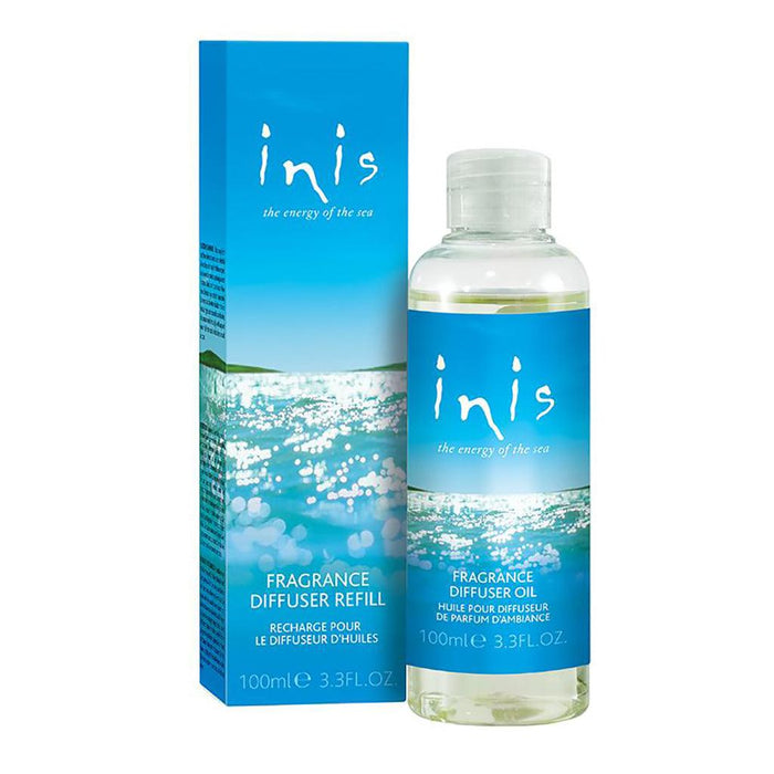 Inis fragrance diffuser refill bottle and packaging on a white background