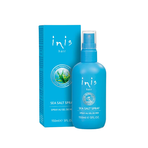 Blue bottle of Inis Hair Sea Salt Spray (150ml / 5 fl. oz.) with matching turquoise box, featuring sea minerals and seaweed graphics on the packaging.