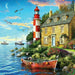 Lighthouse and house by the sea with a boat and garden
