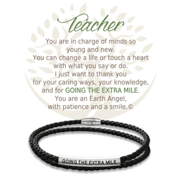 Celebrate an inspiring educator with the Earth Angel Teacher in Black Leather Bracelet.