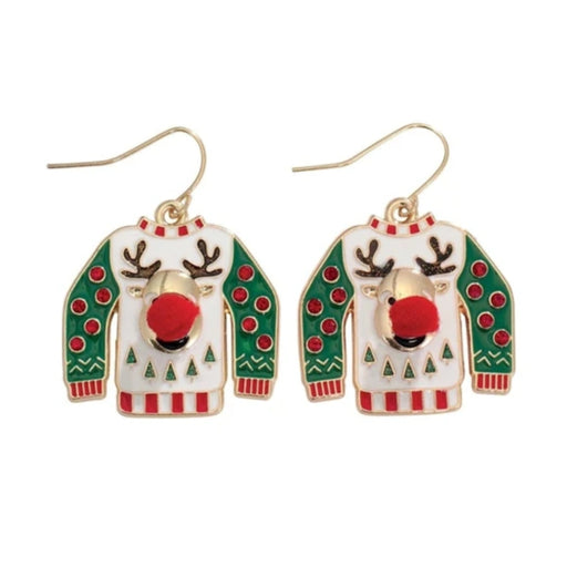 Rudolph sweater dangle earrings with festive Christmas design
