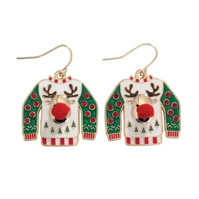 Rudolph sweater dangle earrings with festive Christmas design