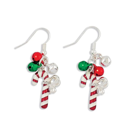 Periwinkle Candy Cane Jingle Bell Earrings featuring festive candy cane and jingle bell designs, perfect for Christmas and holiday outfits.