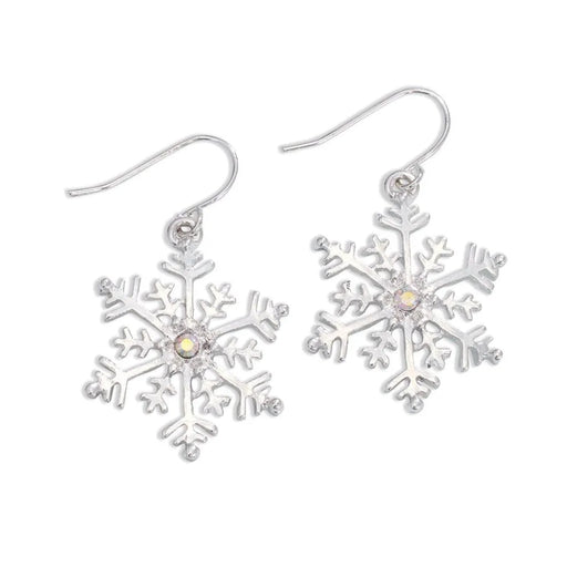 Periwinkle silver snowflake earrings featuring sparkling crystal accents, perfect for elegant winter and holiday looks.