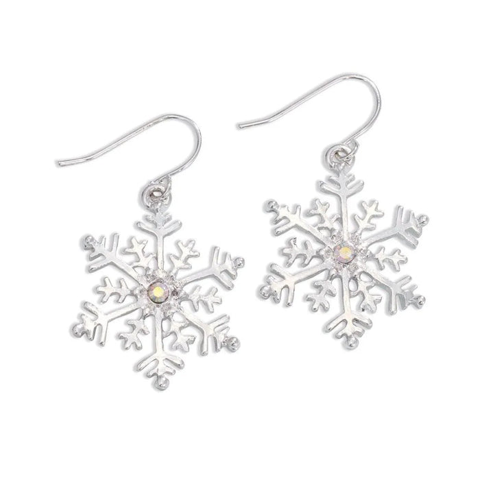 Periwinkle silver snowflake earrings featuring sparkling crystal accents, perfect for elegant winter and holiday looks.