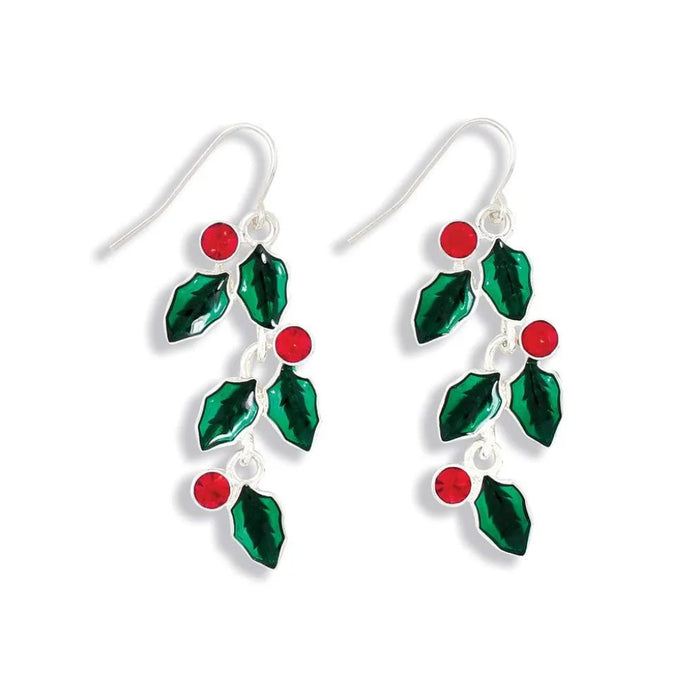 Periwinkle red crystal and enamel holly earrings featuring festive holly details for a sparkling Christmas and holiday look.