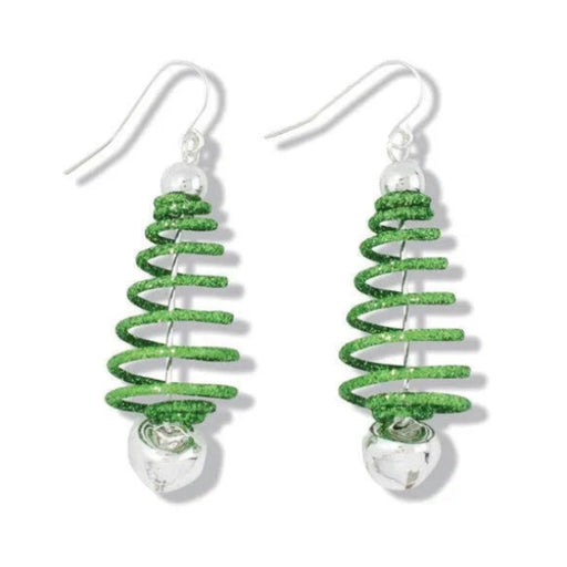 Green spring tree earrings with a colorful seasonal design