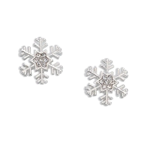 Periwinkle silver snowflake earrings featuring sparkling crystal centers and a festive winter design for holiday looks.