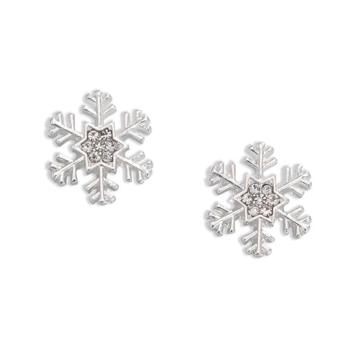 Periwinkle silver snowflake earrings featuring sparkling crystal centers and a festive winter design for holiday looks.