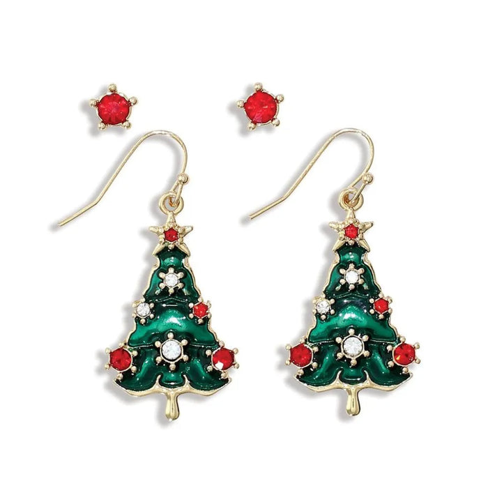 Periwinkle red crystal tree earrings featuring sparkling crystal details and festive Christmas tree designs for holiday and winter looks.