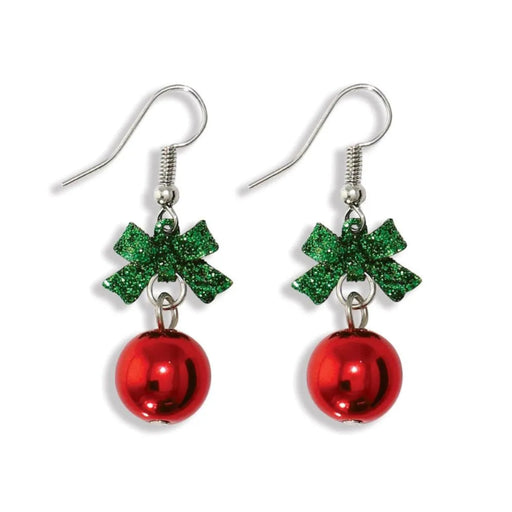 Periwinkle fancy green glitter bow earrings featuring sparkling green bow designs, perfect for Christmas parties, holiday outfits, and festive gifting.
