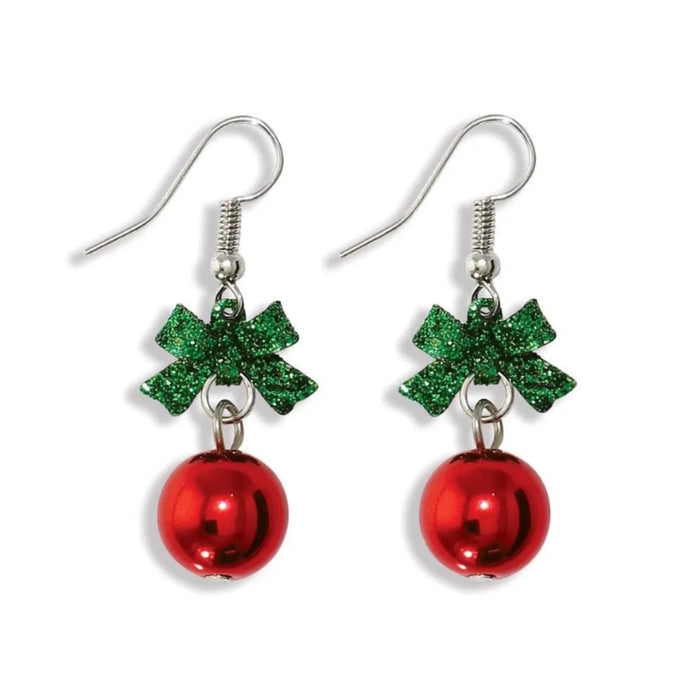 Periwinkle fancy green glitter bow earrings featuring sparkling green bow designs, perfect for Christmas parties, holiday outfits, and festive gifting.