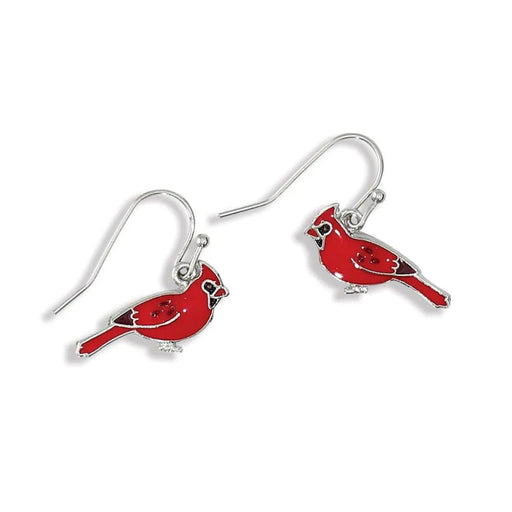 Periwinkle red enamel cardinal earrings on wires featuring vibrant cardinal bird designs for festive holiday and winter looks.