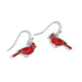 Periwinkle red enamel cardinal earrings on wires featuring vibrant cardinal bird designs for festive holiday and winter looks.