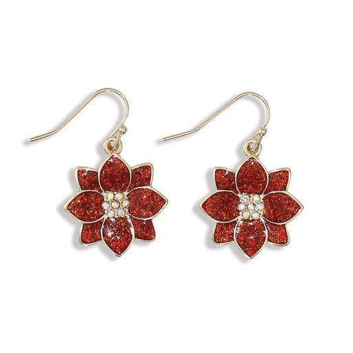 Periwinkle gold glittering poinsettia earrings featuring sparkling floral designs, perfect for Christmas celebrations, holiday outfits, and festive gifting.