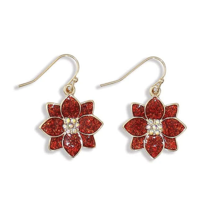 Periwinkle gold glittering poinsettia earrings featuring sparkling floral designs, perfect for Christmas celebrations, holiday outfits, and festive gifting.
