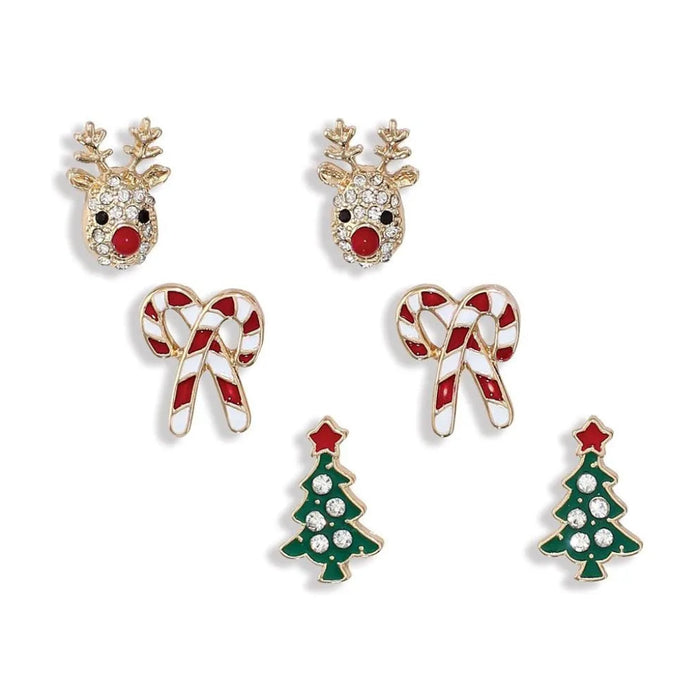 Periwinkle Rudolph's, Trees and Candy Canes Trio Earrings featuring festive Rudolph, Christmas tree, and candy cane designs.