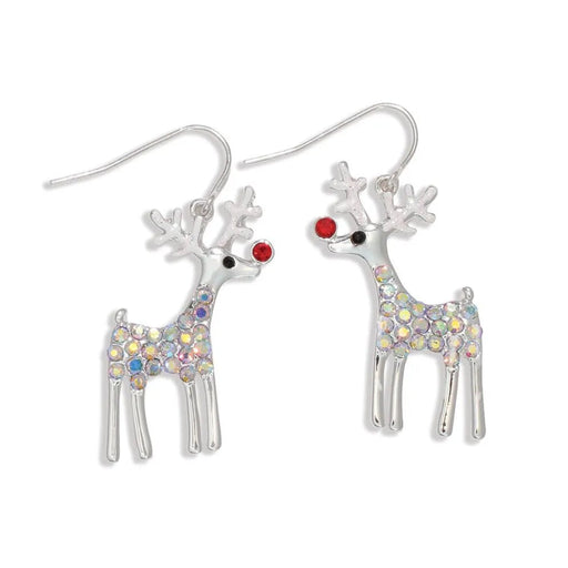 Periwinkle silver Rudolph earrings featuring sparkling AB crystal accents and a festive reindeer design for Christmas and holiday outfits.