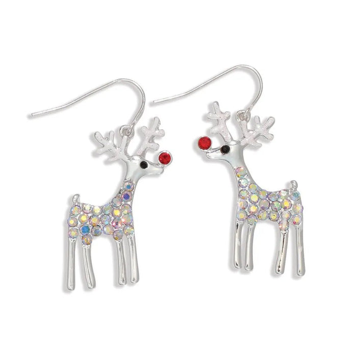 Periwinkle silver Rudolph earrings featuring sparkling AB crystal accents and a festive reindeer design for Christmas and holiday outfits.