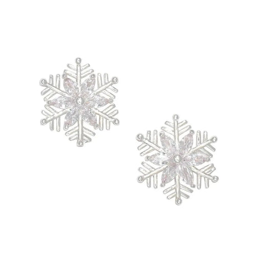 Periwinkle fine silver snowflake earrings featuring sparkling crystal centers and an elegant winter-inspired design for holiday style.