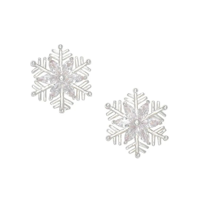 Periwinkle fine silver snowflake earrings featuring sparkling crystal centers and an elegant winter-inspired design for holiday style.